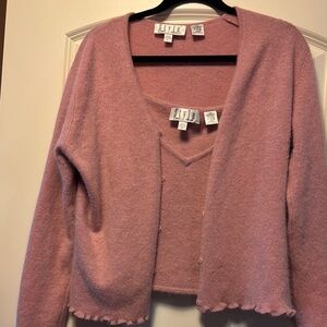 Pink lambswool/angora Cardigan set with V-Neck and Ruffled Edges
